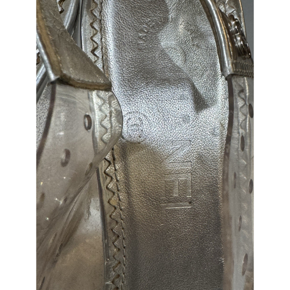 CHANEL Silver Leather And Clear Perforated PVC Slingback Heels - Picture 14 of 16